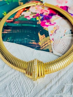 Christian Dior 1980 Vintage Shell Fan Crystal Wide Ribbed Omega Chunky Necklace