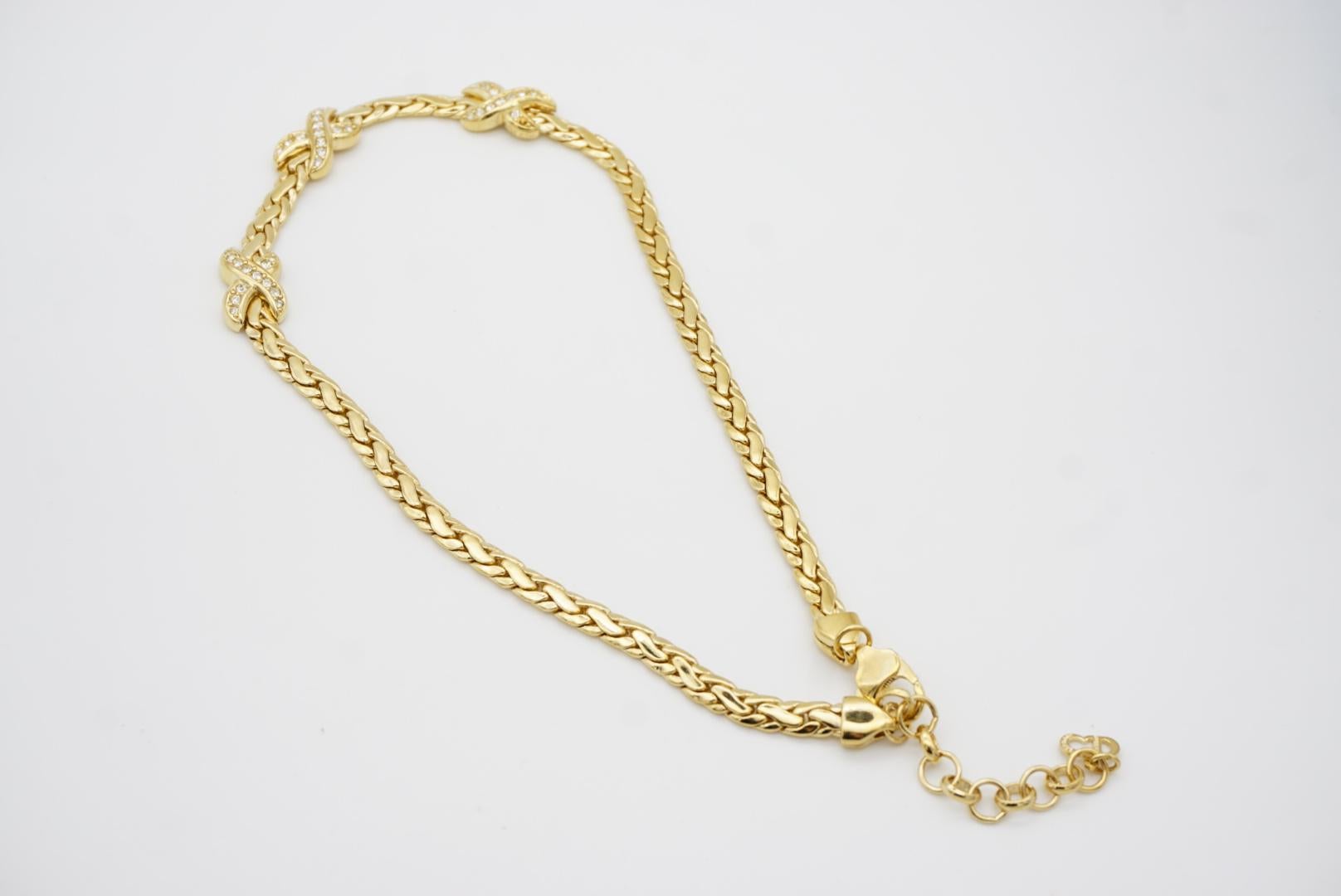 Christian Dior 1980 Vintage Trio Kiss Cross X Link Crystals Gold Omega Necklace 8