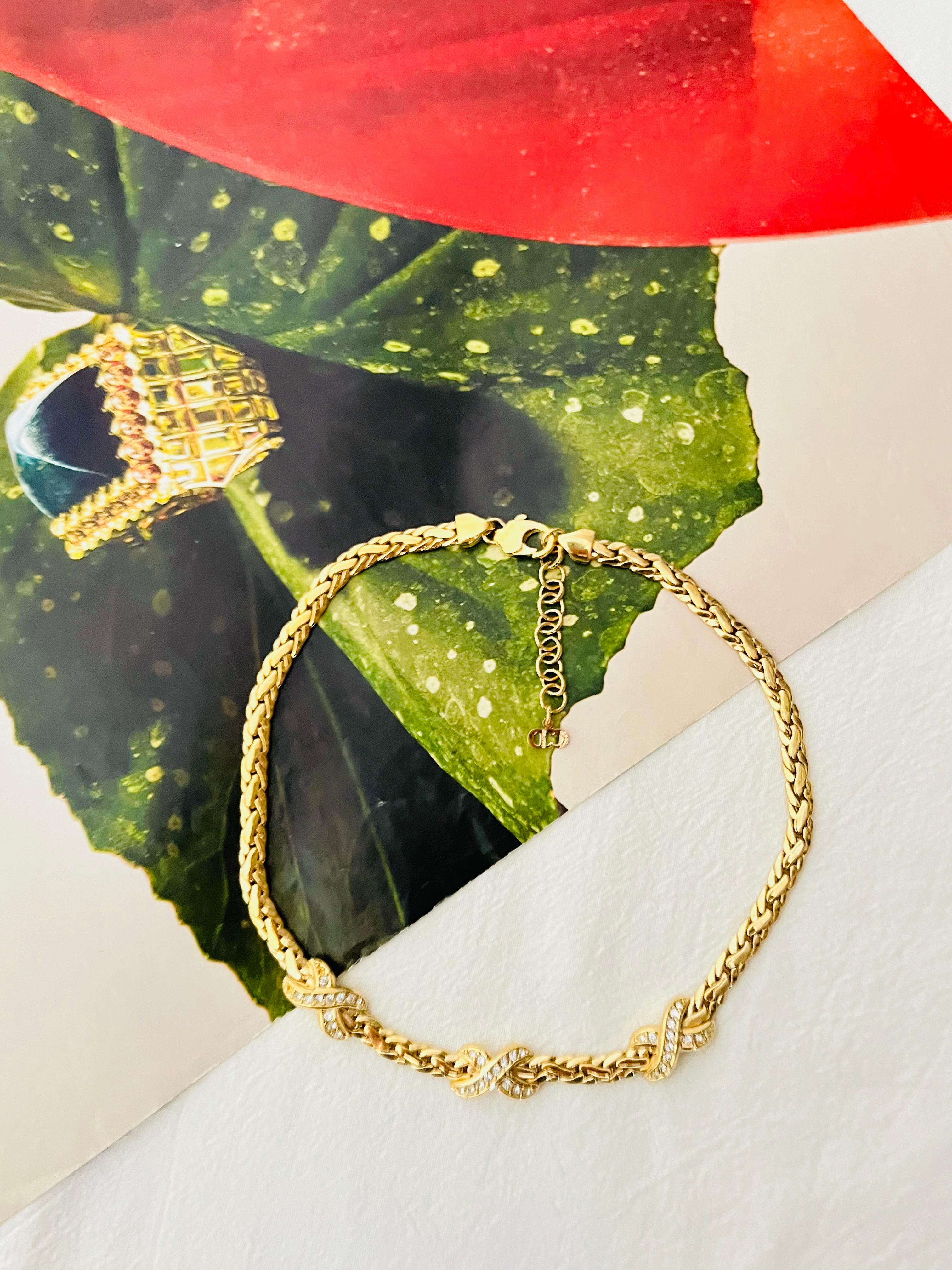 Art Nouveau Christian Dior 1980 Vintage Trio Kiss Cross X Link Crystals Gold Omega Necklace