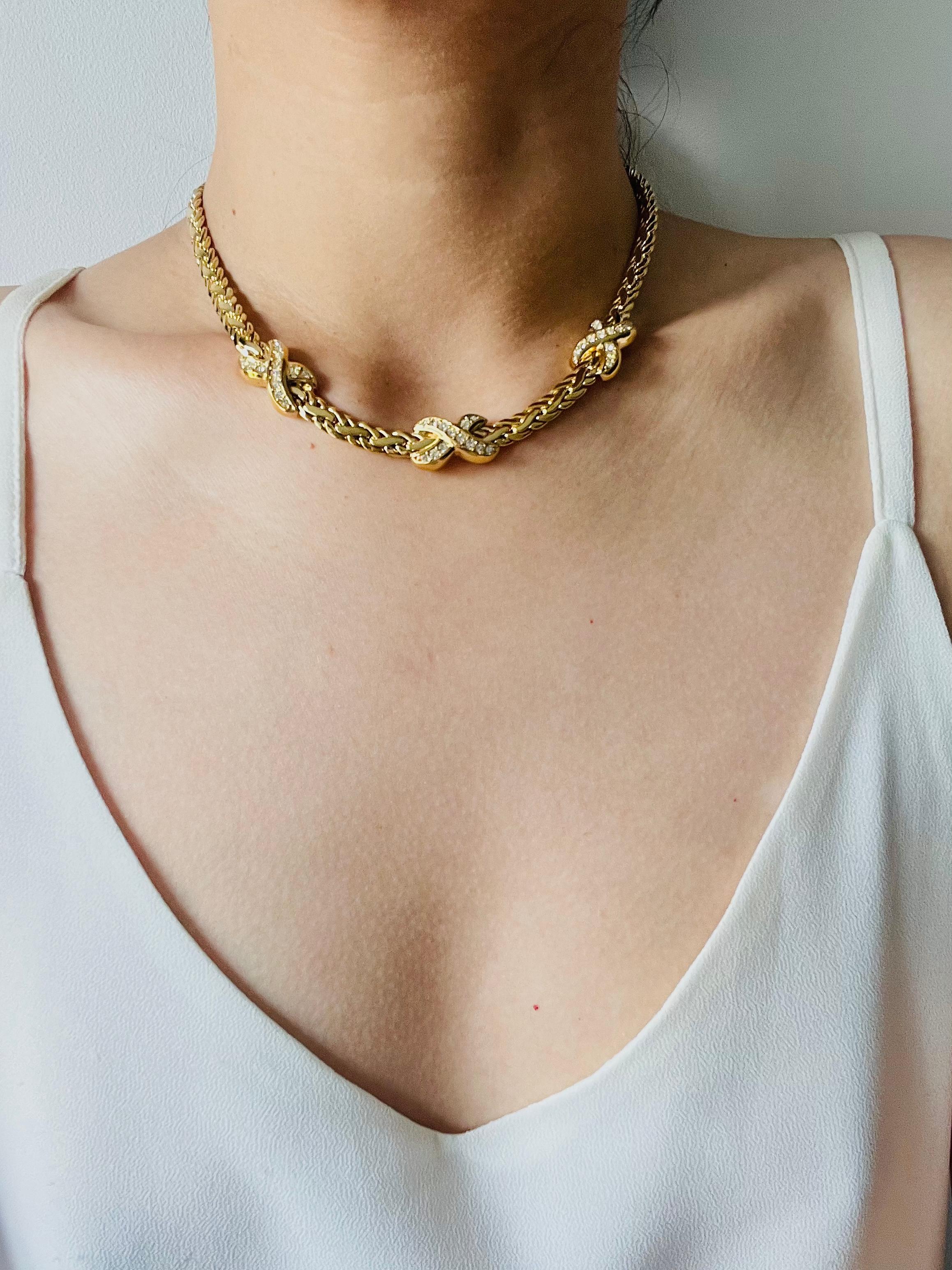 Christian Dior 1980 Vintage Trio Kiss Cross X Link Crystals Gold Omega Necklace 1