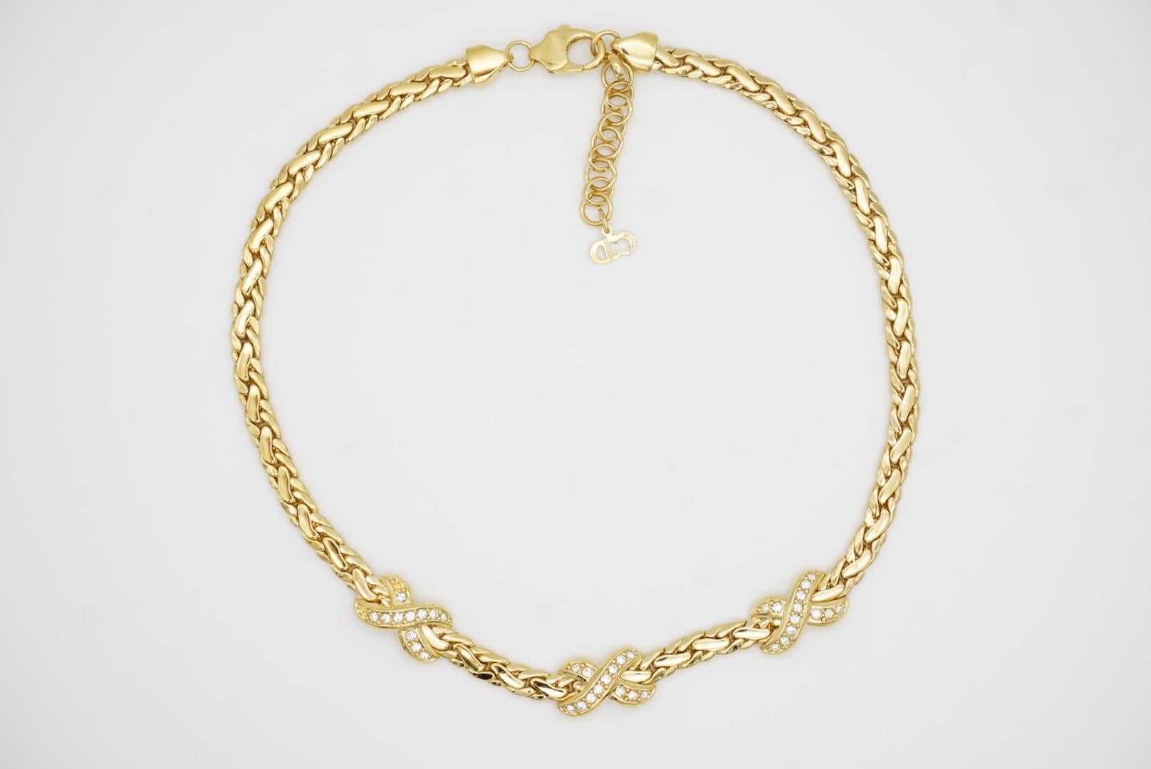 Christian Dior 1980 Vintage Trio Kiss Cross X Link Crystals Gold Omega Necklace 3