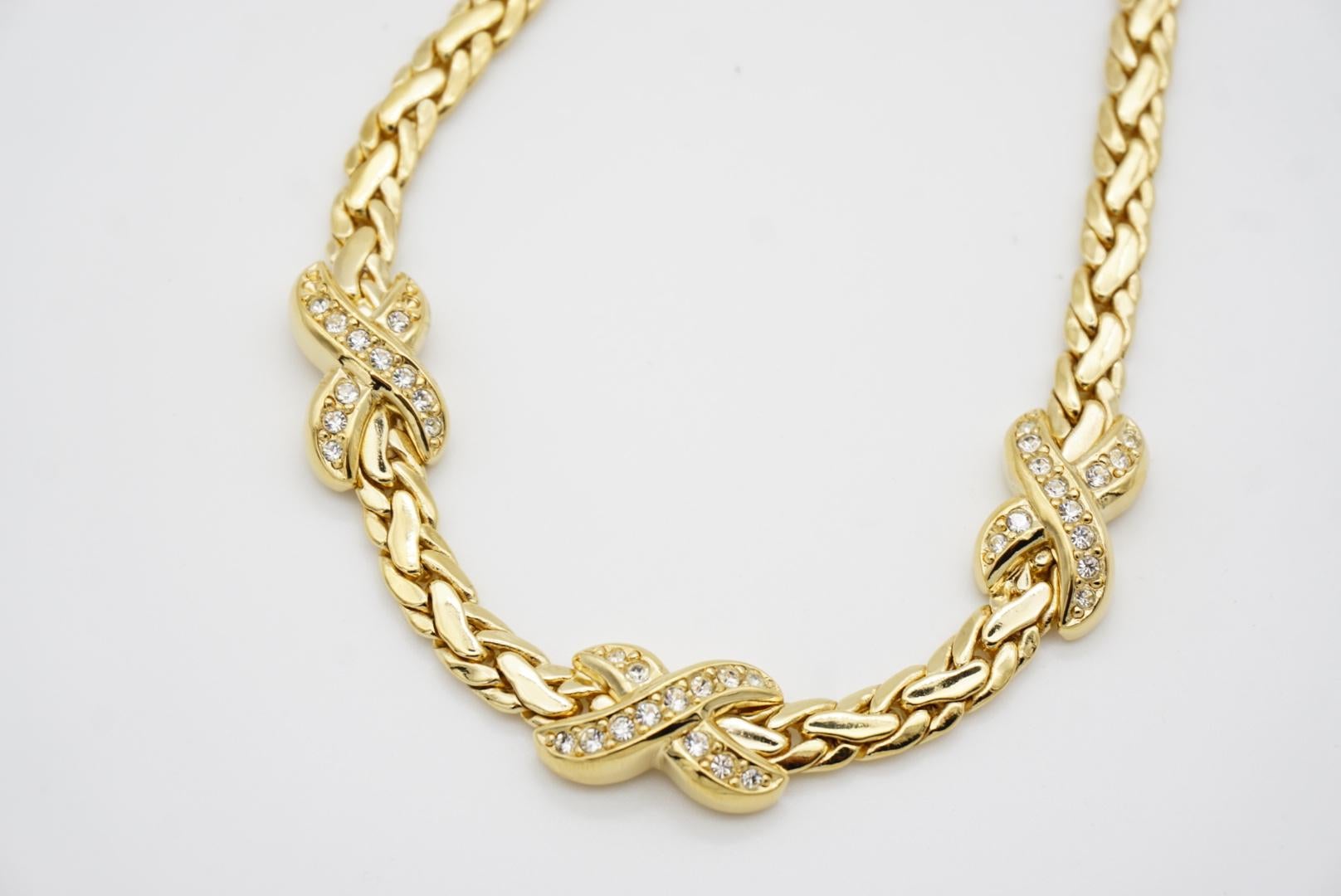 Christian Dior 1980 Vintage Trio Kiss Cross X Link Crystals Gold Omega Necklace 4