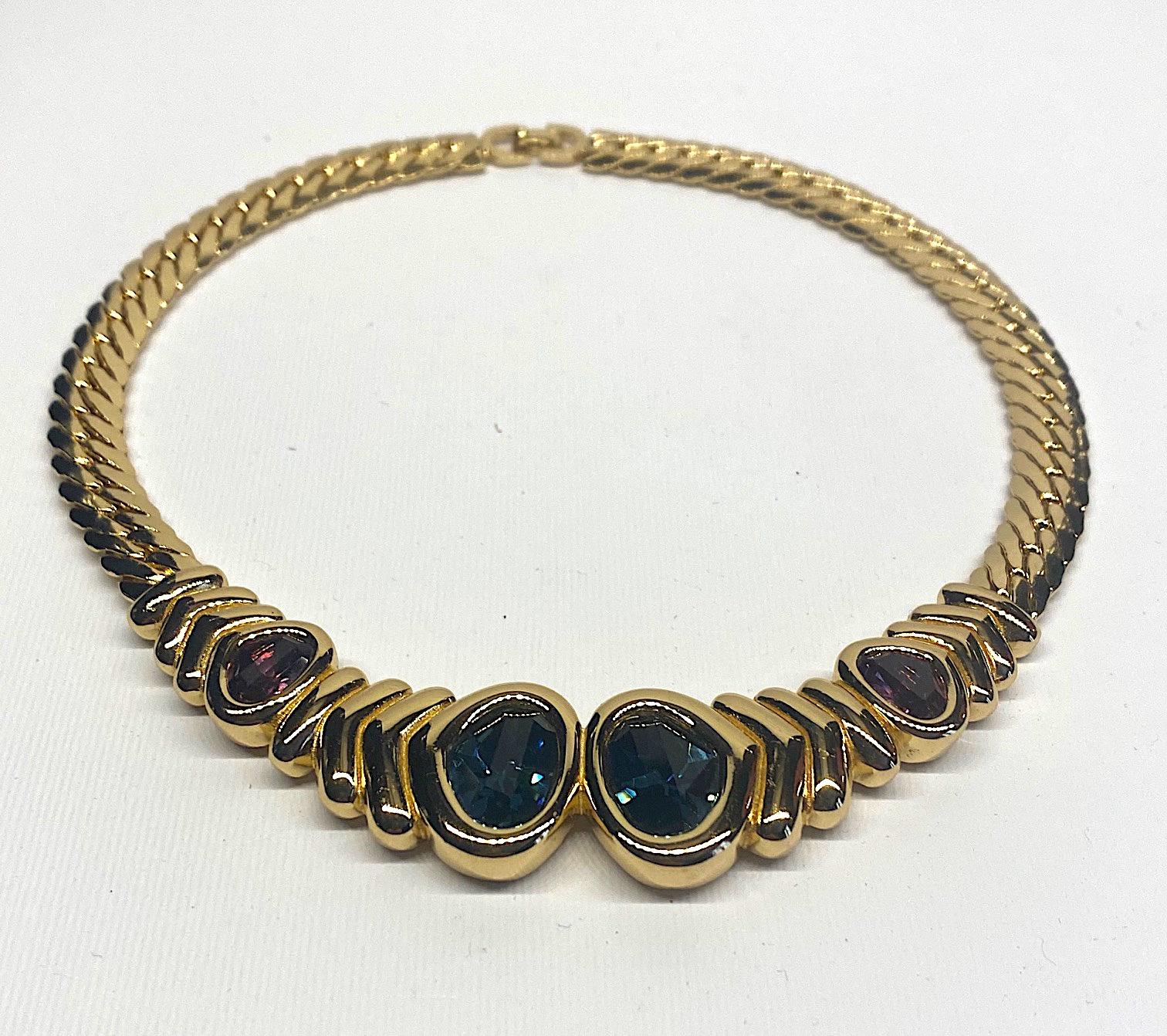 Art Deco Christian Dior 1980s Necklace with Purple & Blue Crystal Stones