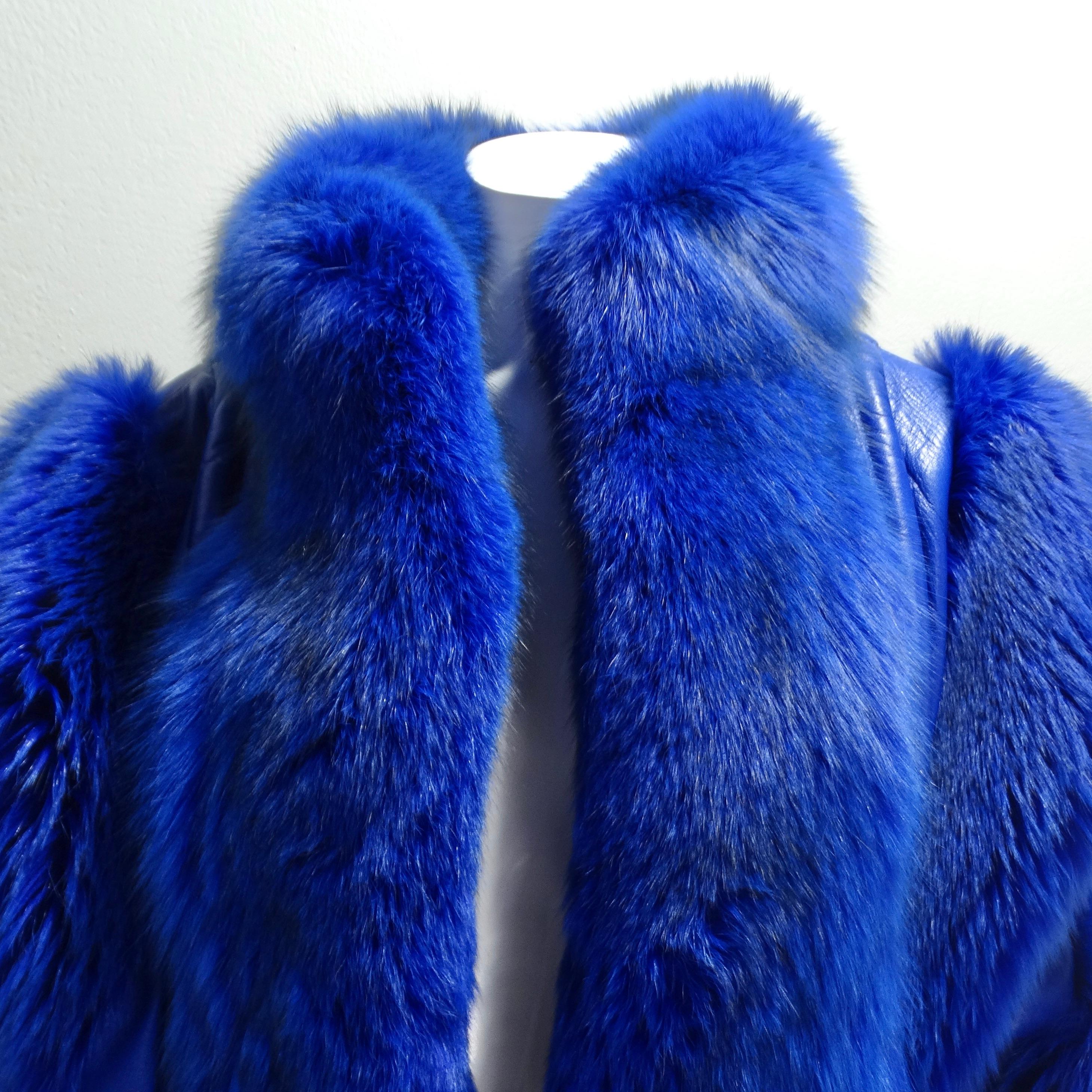 Indulge in opulence with the Christian Dior 1980s Blue fox fur Jacket – a truly remarkable show-stopper that transcends fashion norms. This jacket is a masterpiece, featuring a stunning combination of cobalt blue mink and blue leather, creating a