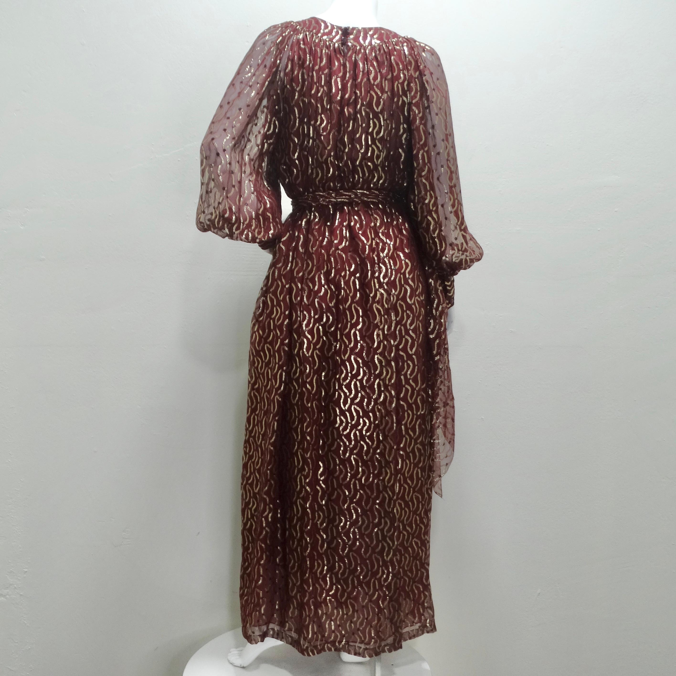 Robe des années 1980 de Christian Dior en bourgogne et or métallisé en vente 4