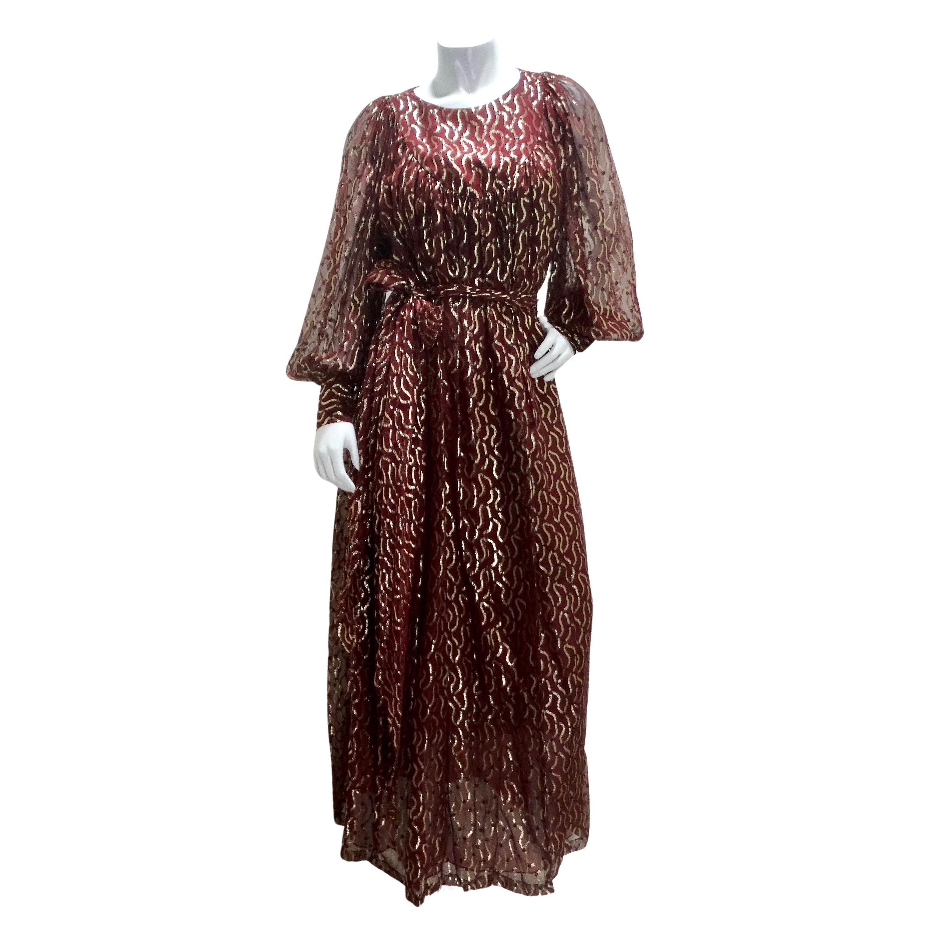Christian Dior 1980s Burgundy & Metallic Gold Gown For Sale