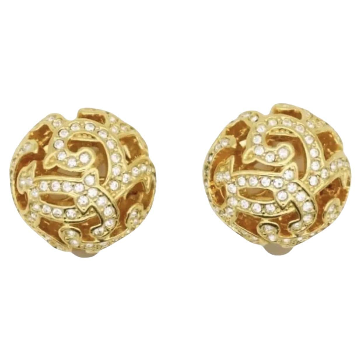 Christian Dior 1980s Crystals Round Circle Openwork Filigree Domed Clip Earrings