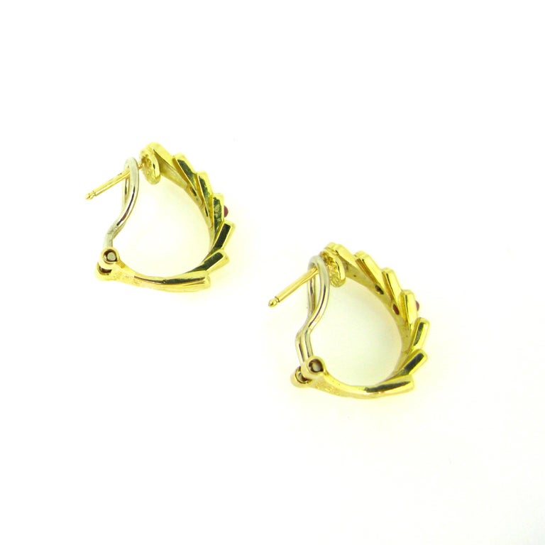 Christian Dior 1980s Diamond Ruby Yellow Gold Hoops Earrings For Sale