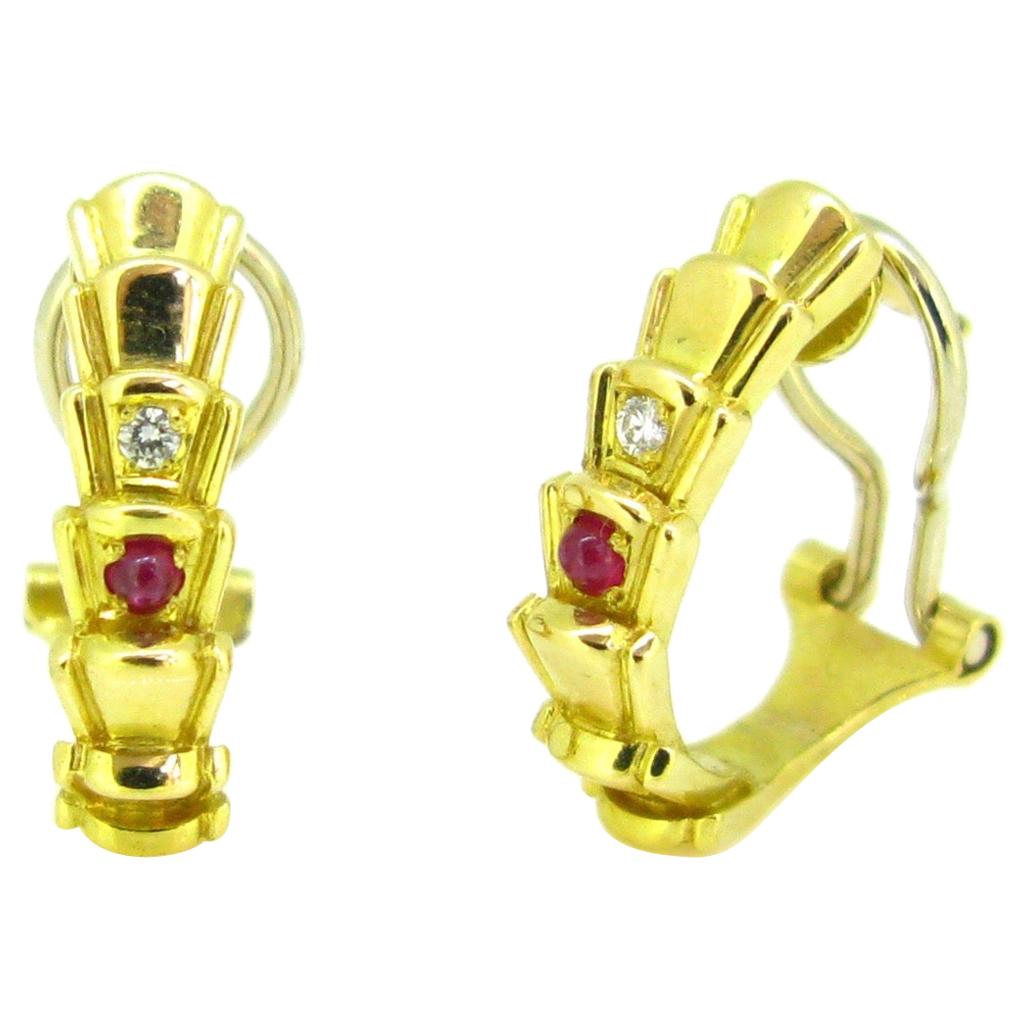 Christian Dior 1980s Diamond Ruby Yellow Gold Hoops Earrings