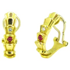 Christian Dior 1980s Diamond Ruby Yellow Gold Hoops Earrings