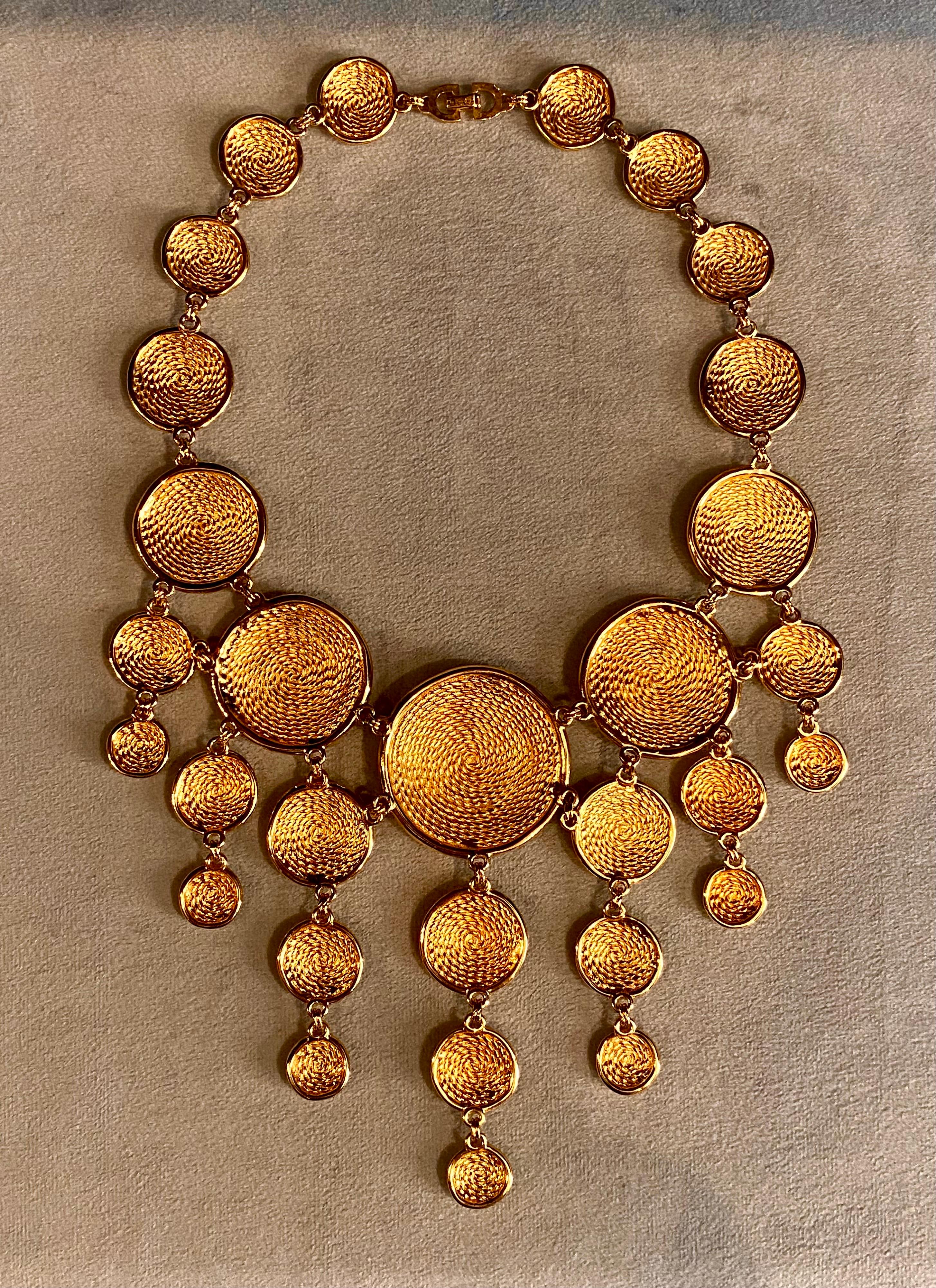 Christian Dior 1980s Etruscan Style Gold Statement Bib Necklace In Excellent Condition For Sale In New York, NY