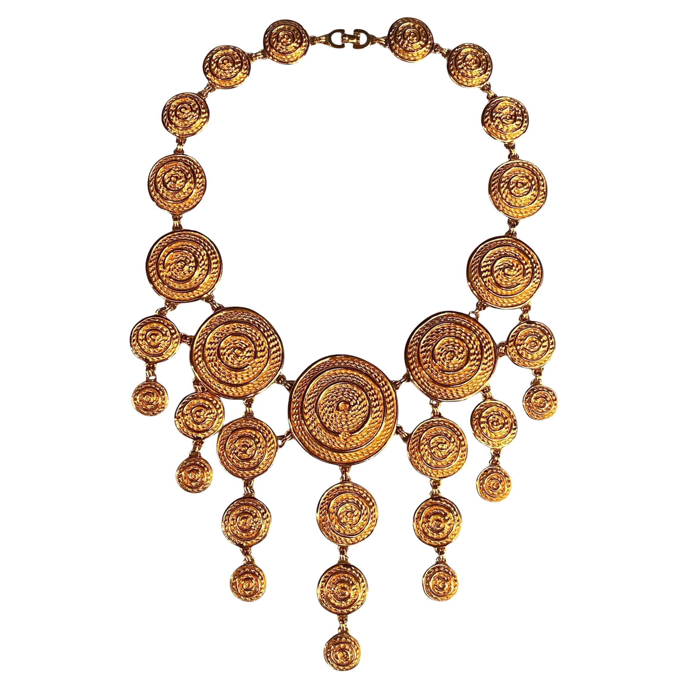 Christian Dior 1980s Etruscan Style Gold Statement Bib Necklace For Sale