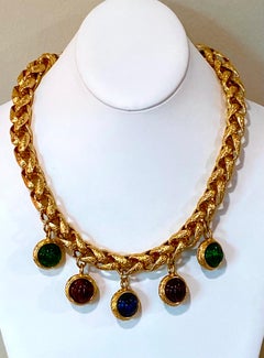 Christian Dior 1980s Gold Link & Carved Glass Cabochon Necklace