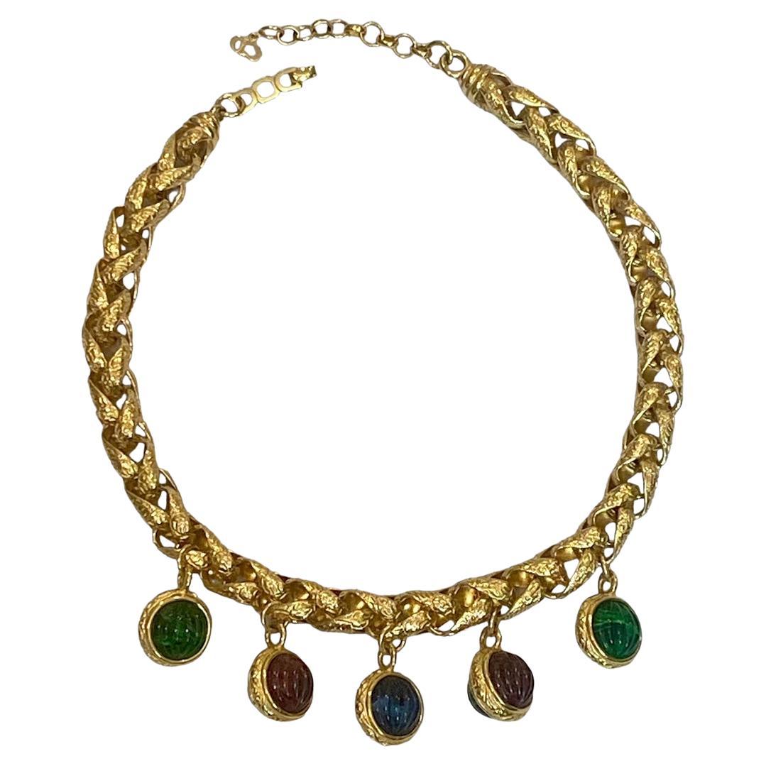 Christian Dior 1980s Gold Link 
Carved Glass Cabochon Necklace