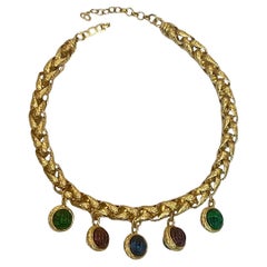 Christian Dior 1980s Gold Link & Carved Glass Cabochon Necklace