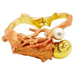 Christian Dior 1980s Gold Orange Reef Shell Pearl Crystals Chunky Cuff Bracelet