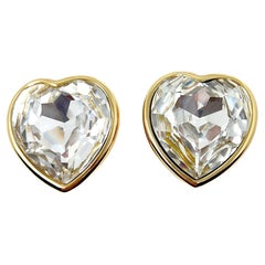 Christian Dior 1980s Gold Plate and Crystal Vintage Statement Heart Earrings
