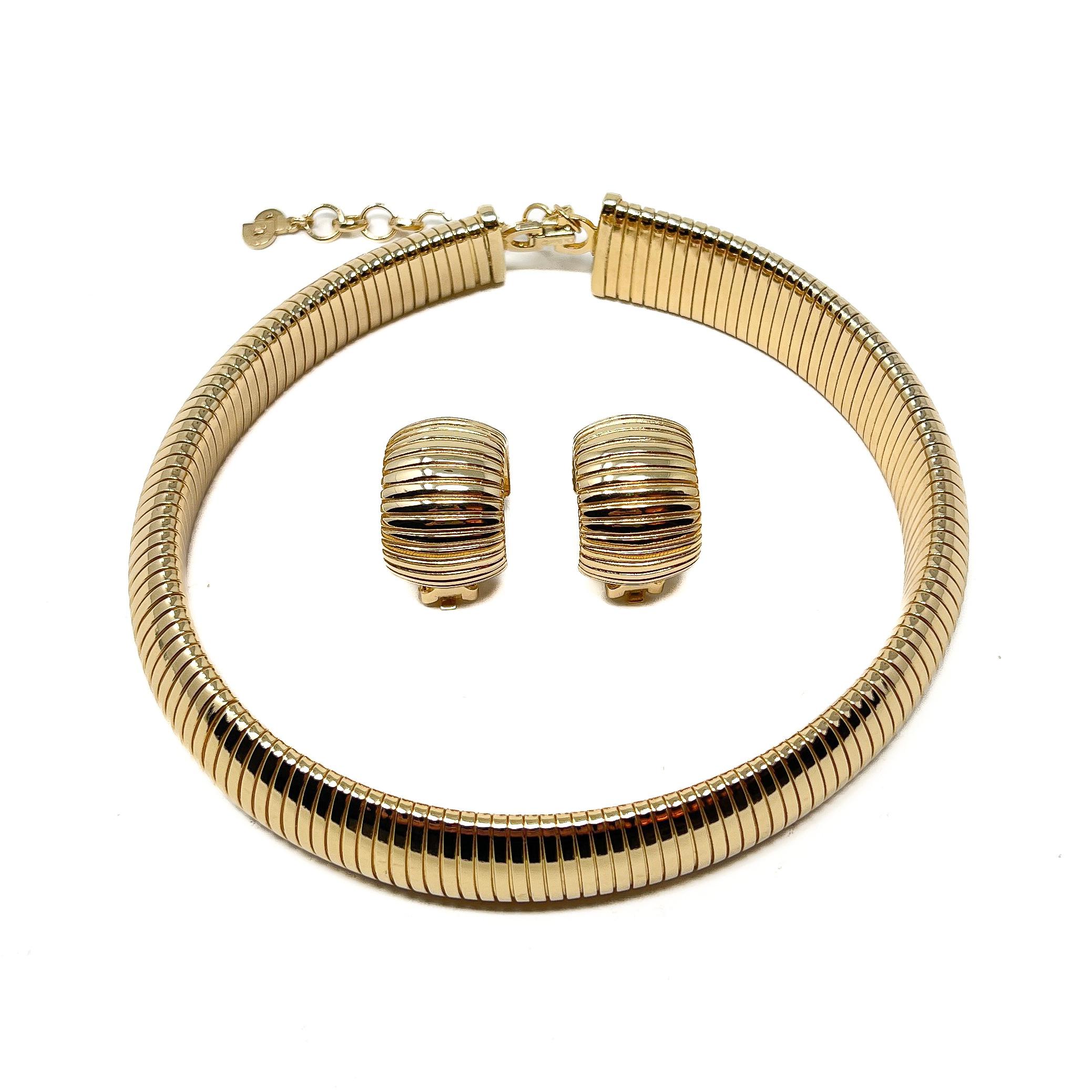 Christian Dior 1980s Gold Plate Vintage Gas Pipe Design Collar and Earrings For Sale 2