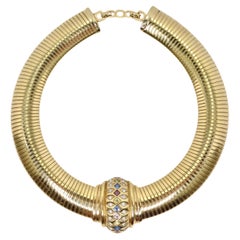 Vintage Christian Dior 1980s Gold Tone Omega Rhinestone Choker