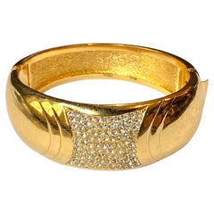 Retro Christian Dior 1980s Gold with Rhinestone Art Deco Style Bangle Bracelet