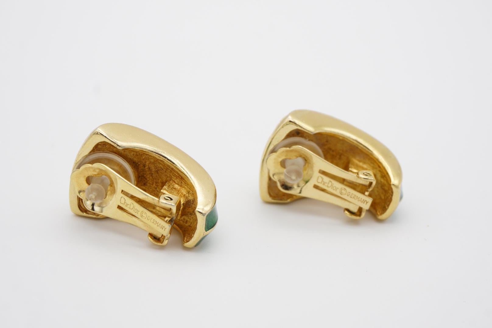 Christian Dior 1980s Green Enamel Crystal Rectangle Triangle Dome Hoop Earrings For Sale 5