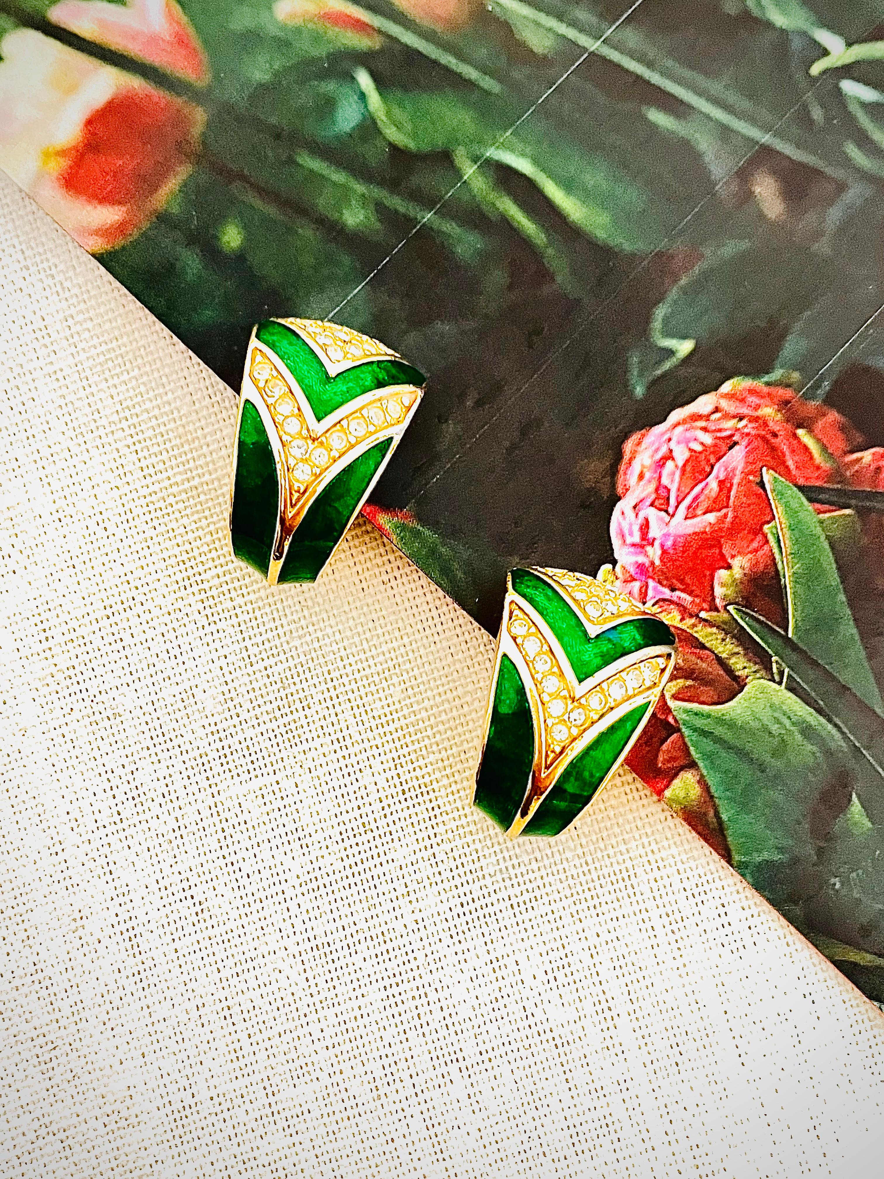 Art Nouveau Christian Dior 1980s Green Enamel Crystal Rectangle Triangle Dome Hoop Earrings For Sale