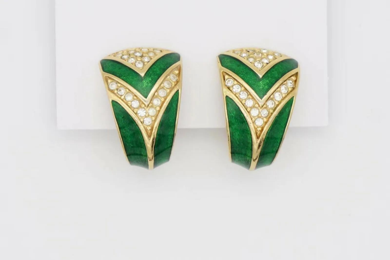 Christian Dior 1980s Green Enamel Crystal Rectangle Triangle Dome Hoop Earrings For Sale 2