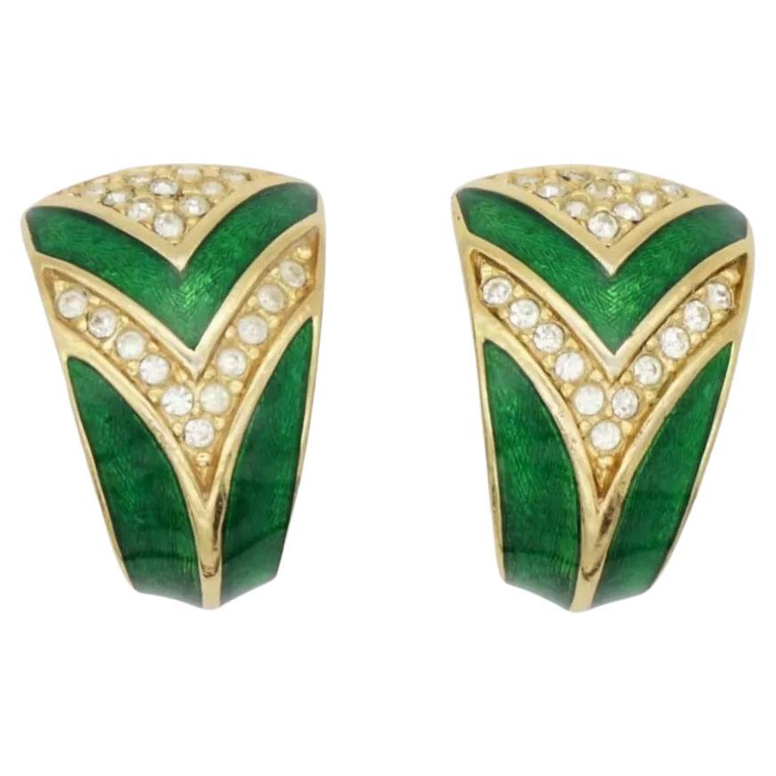 Christian Dior 1980s Green Enamel Crystal Rectangle Triangle Dome Hoop Earrings For Sale
