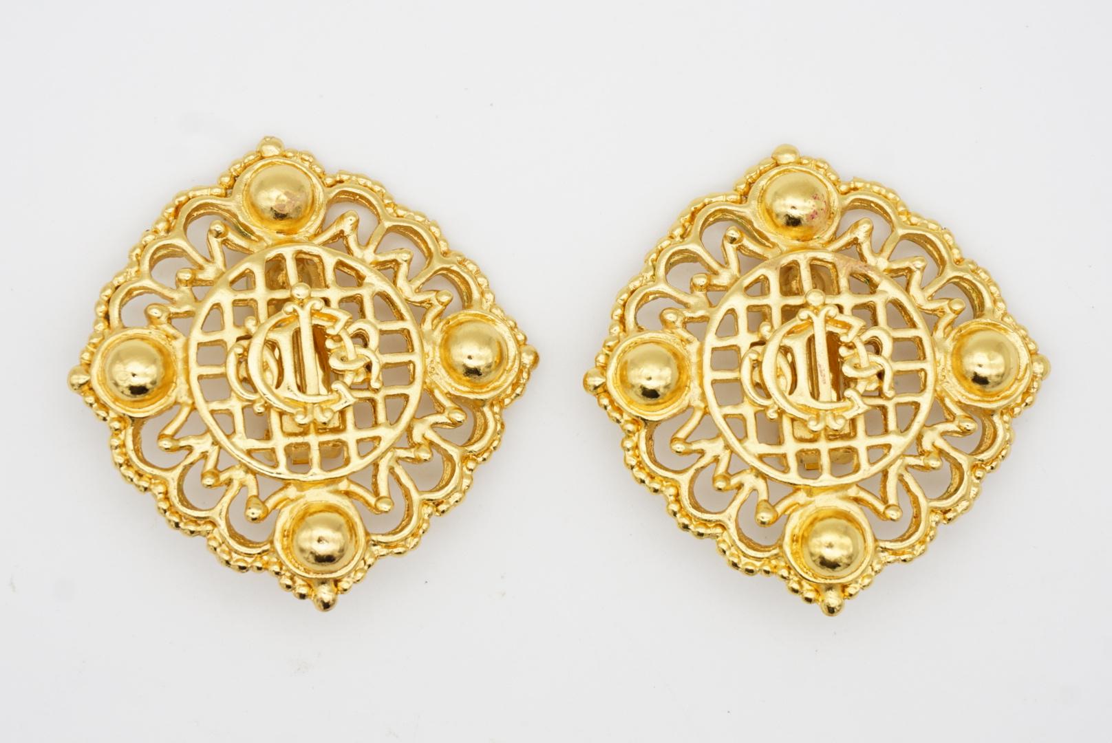 Christian Dior 1980s Huge Logo Monogram Insignia Crest Openwork Clip Earrings For Sale 5