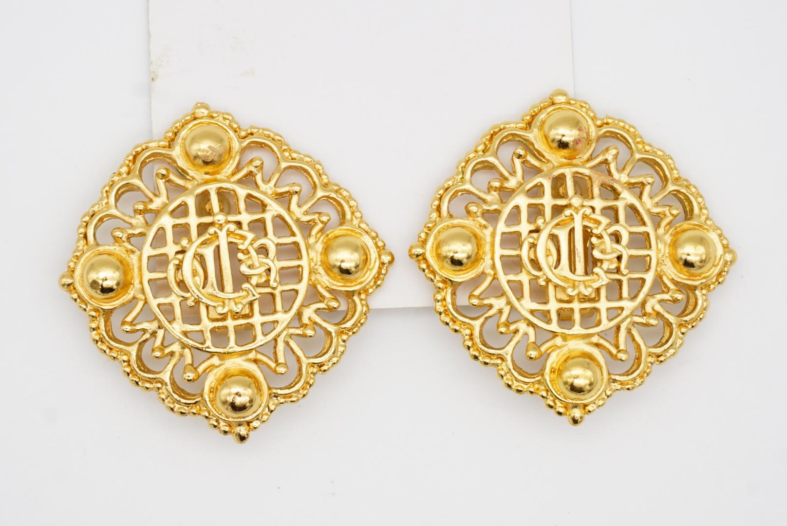 Christian Dior 1980s Huge Logo Monogram Insignia Crest Openwork Clip Earrings For Sale 6