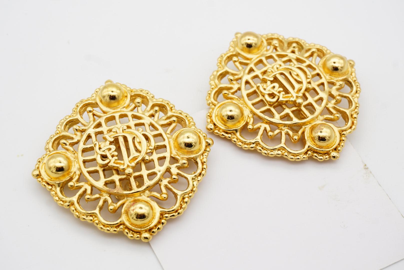 Christian Dior 1980s Huge Logo Monogram Insignia Crest Openwork Clip Earrings For Sale 7