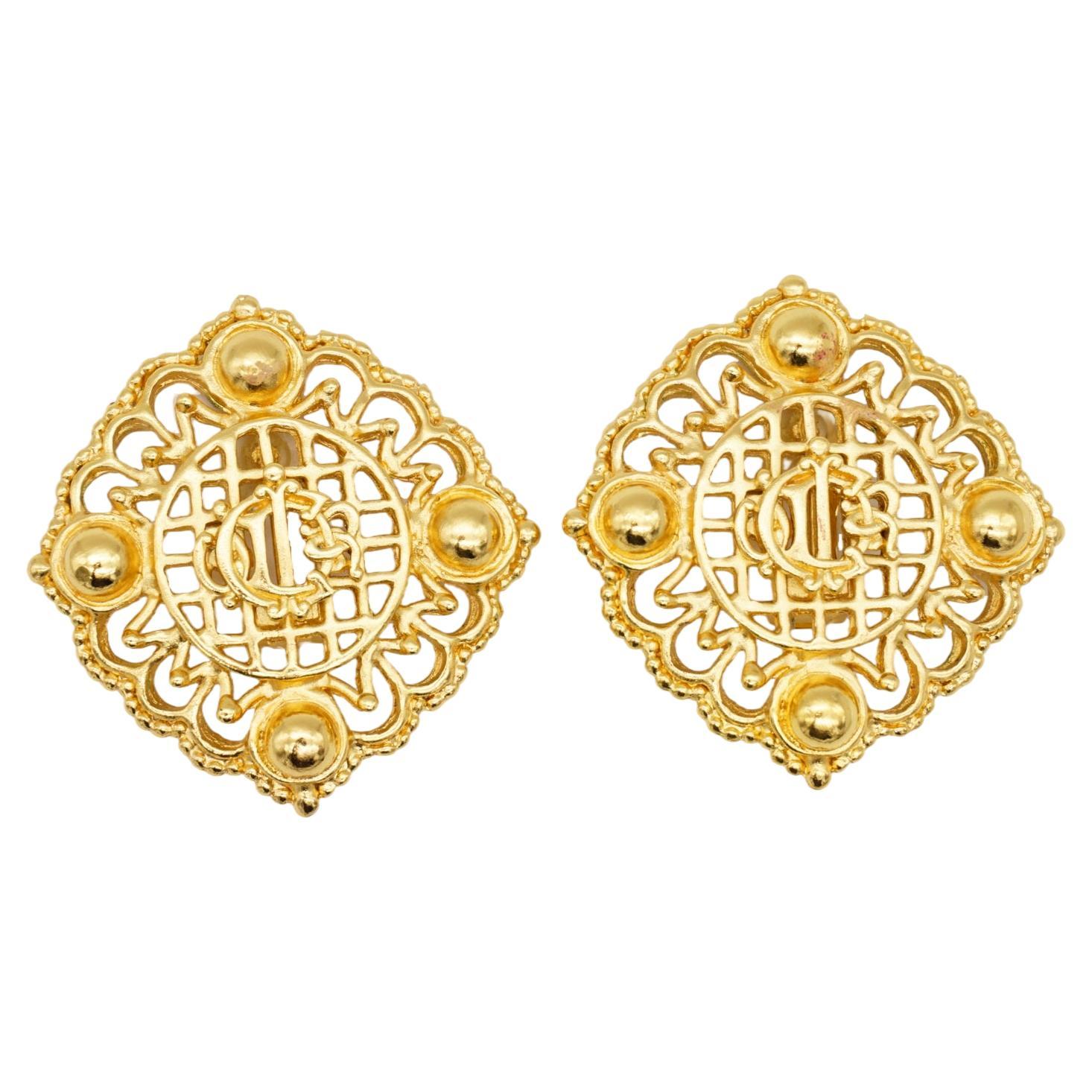 Christian Dior 1980s Huge Logo Monogram Insignia Crest Openwork Clip Earrings For Sale