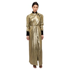Christian Dior 1980s Lamé Liquid Gold Long Sleeve Dress with front slit