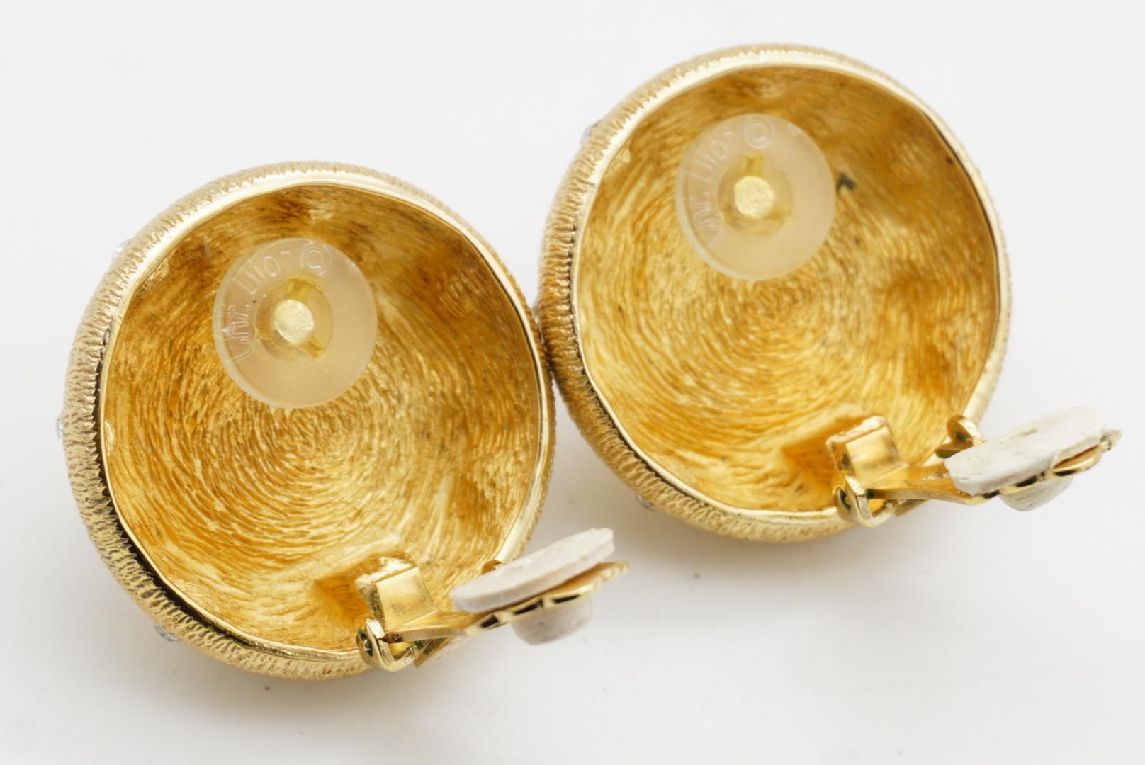 Christian Dior 1980s Large Round Circle White Pearl Crystals Dome Clip Earrings For Sale 8