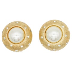 Christian Dior 1980s Large Round Circle White Pearl Crystals Dome Clip Earrings
