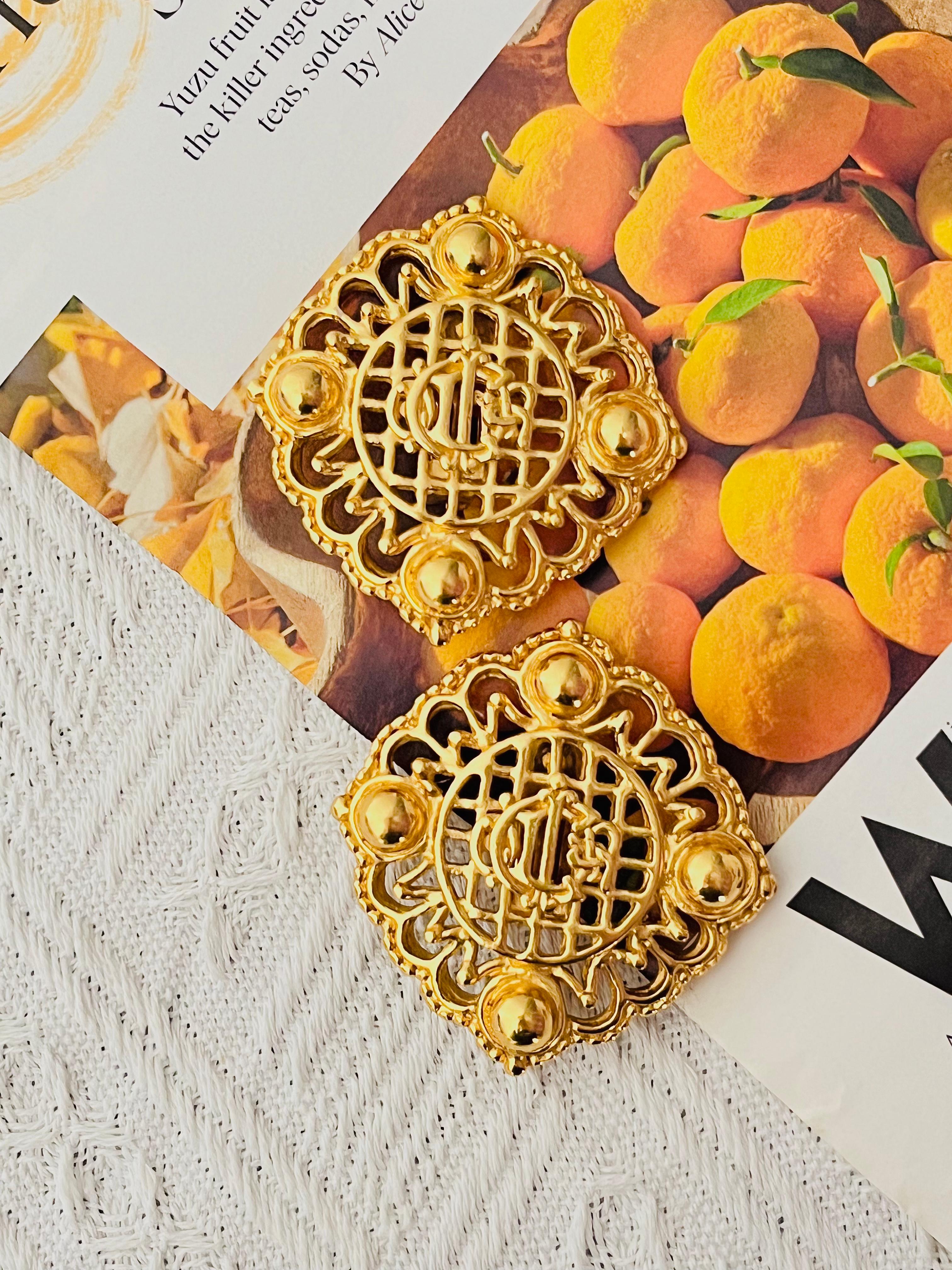 Women's or Men's Christian Dior 1980s Massive Logo Monogram Insignia Crest Square Clip Earrings For Sale