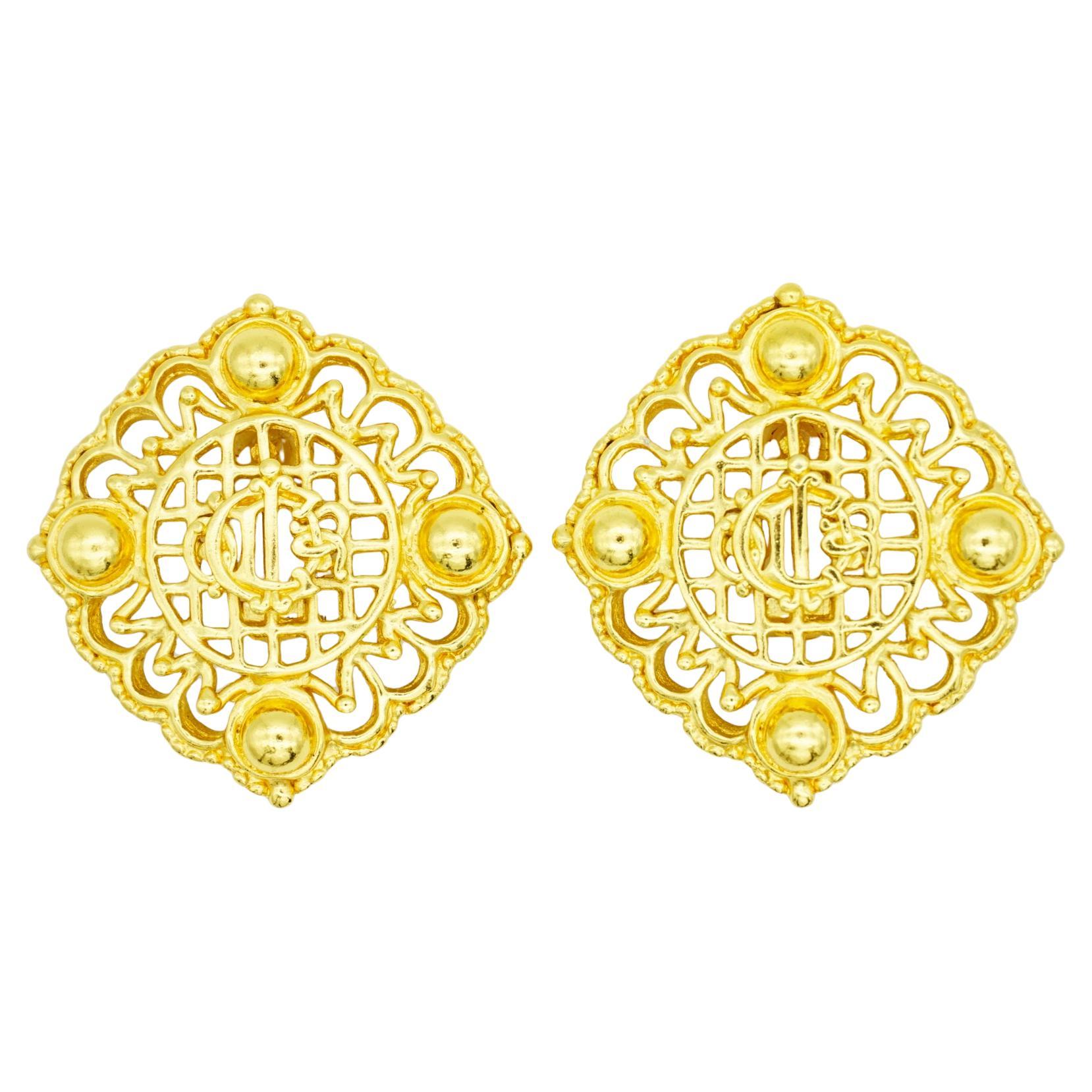 Christian Dior 1980s Massive Logo Monogram Insignia Crest Square Clip Earrings For Sale