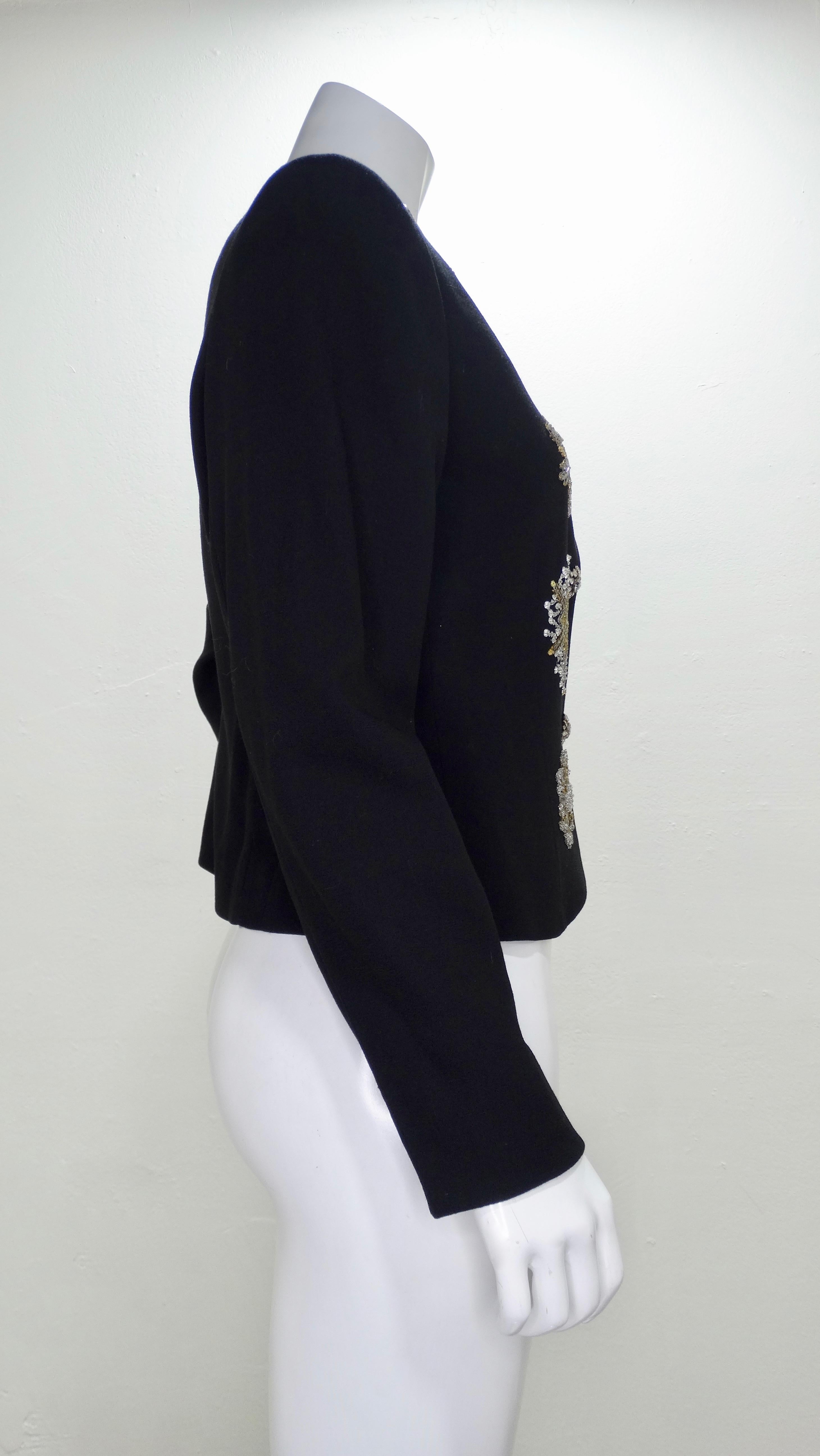 From the Dior archives straight to your closet! Runway circa early 1980s from Marc Bohan, this cropped black blazer was custom made and is a numbered piece 00590. All embroidery was done by Lesage. Blazer is embellished with intricately beaded