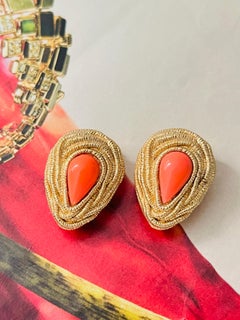 Christian Dior 1980s Orange Cabochon Irregular Spiral Water Drop Clip Earrings