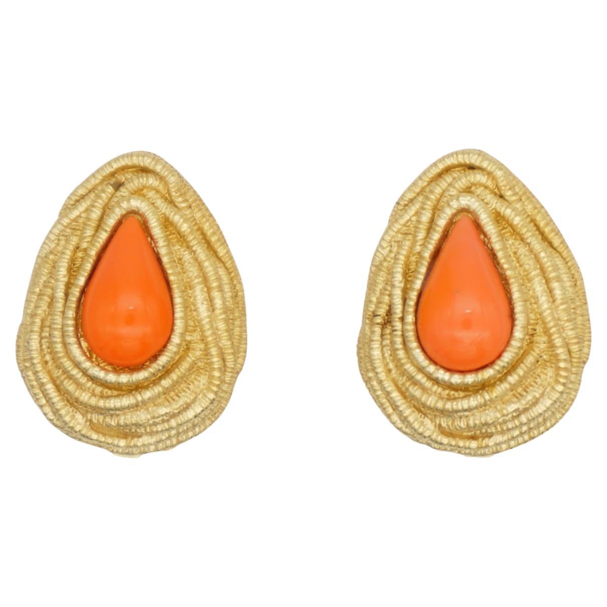 Christian Dior 1980s Orange Cabochon Irregular Spiral Water Drop Clip Earrings