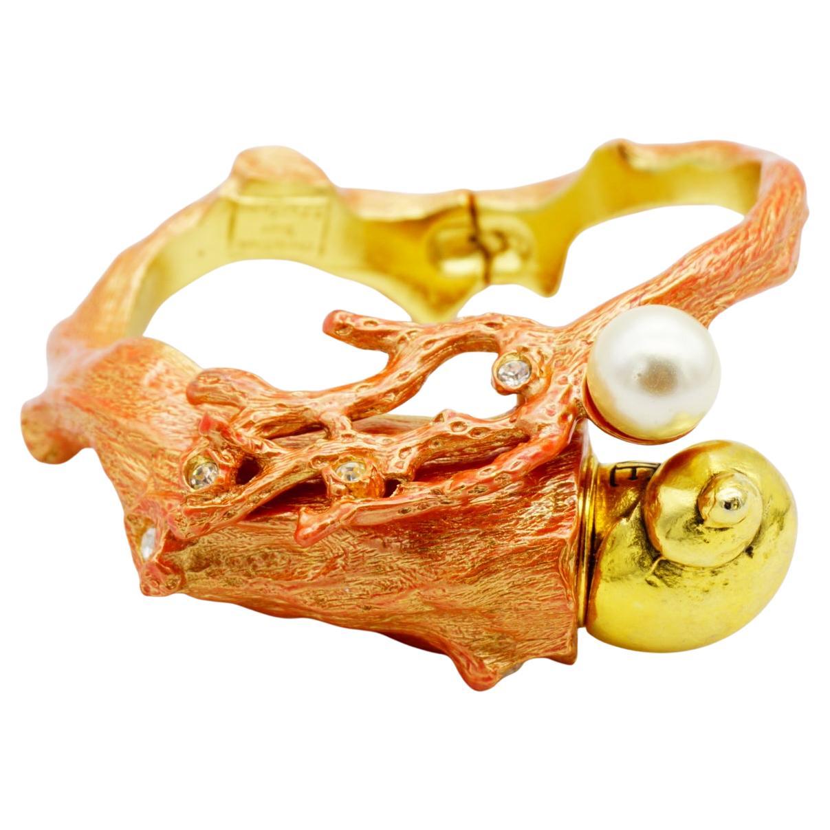 Christian Dior 1980er Jahre Orange Koralle Reef Muschel Fackel Perlen Kristalle Manschettenarmband