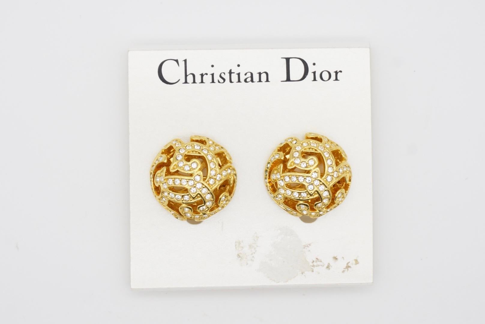 Art Nouveau Christian Dior 1980s Round Ball Openwork Crystals Filigree Gold Clip Earrings For Sale