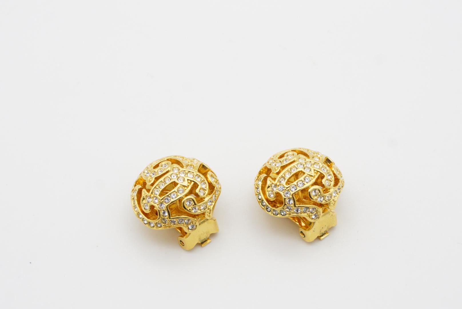Women's or Men's Christian Dior 1980s Round Ball Openwork Crystals Filigree Gold Clip Earrings For Sale
