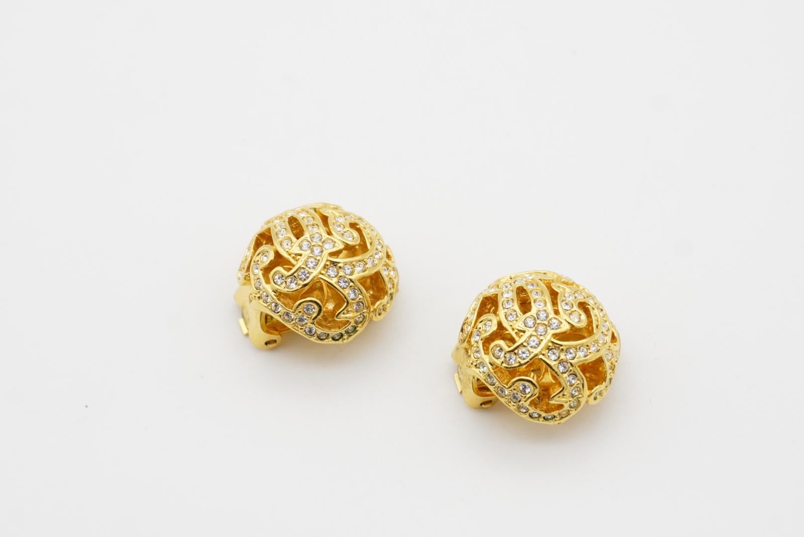 Christian Dior 1980s Round Ball Openwork Crystals Filigree Gold Clip Earrings For Sale 1