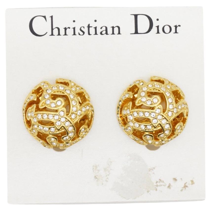 Christian Dior 1980s Round Ball Openwork Crystals Filigree Gold Clip Earrings For Sale