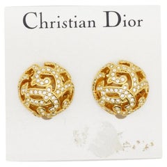 Retro Christian Dior 1980s Round Ball Openwork Crystals Filigree Gold Clip Earrings