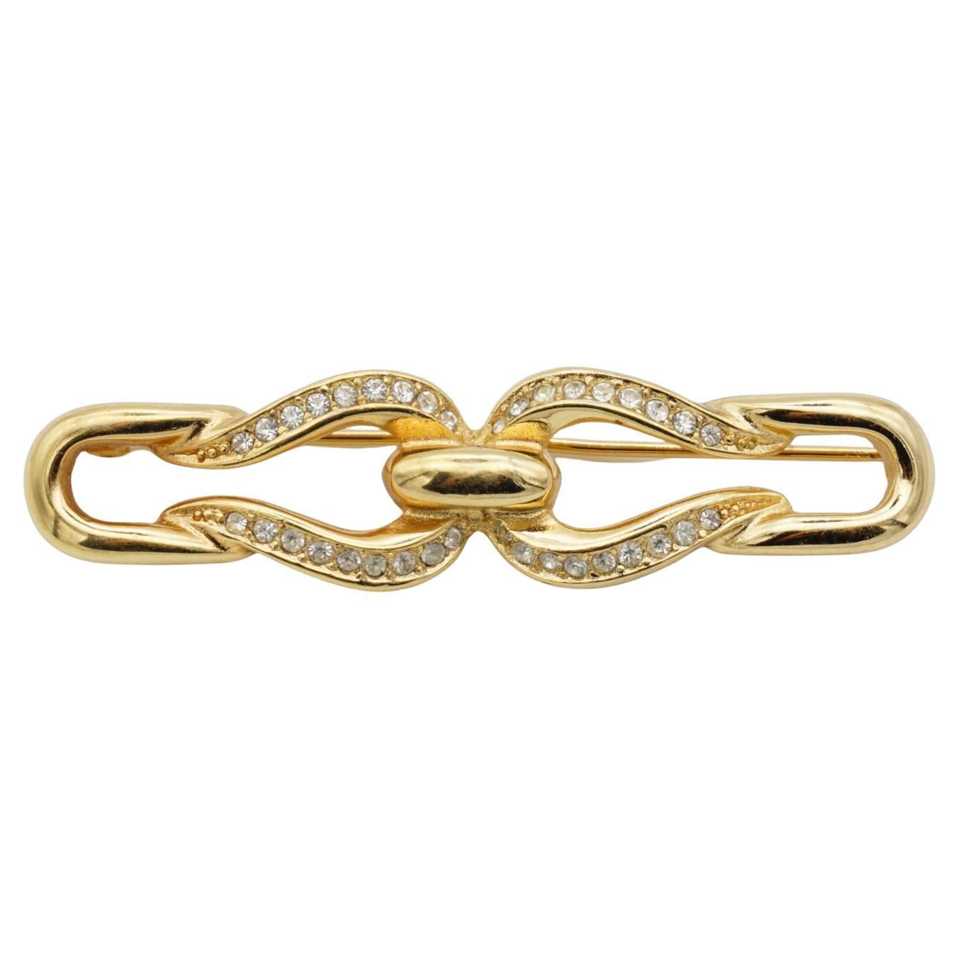 Christian Dior 1980s Symmetric Long Bar Double Clip Crystals Interlocked Brooch im Angebot