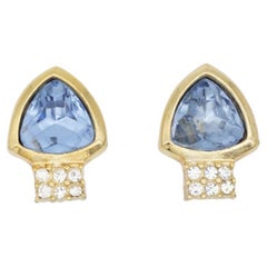 Christian Dior 1980s Retro Aquamarine Crystals Blue Triangle Clip On Earrings