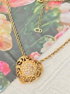 Christian Dior 1980s Vintage Baroque Crystals Gold Heart Openwork Love Necklace