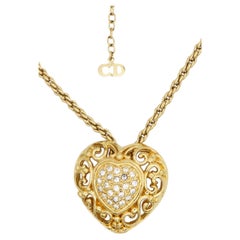 Christian Dior 1980s Vintage Baroque Crystals Gold Heart Openwork Love Necklace